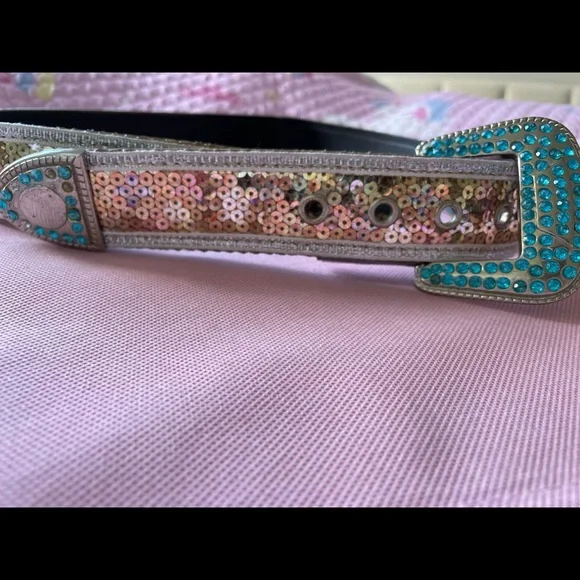 Vintage blue rhinestone and gold sequin belt -small - Picture 5 of 7